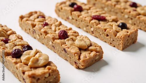 Intricate food display featuring colored rows of granola muesli bars with scatterings of nuts and dried fruit set against a stark white backdrop to highlight textures and colors