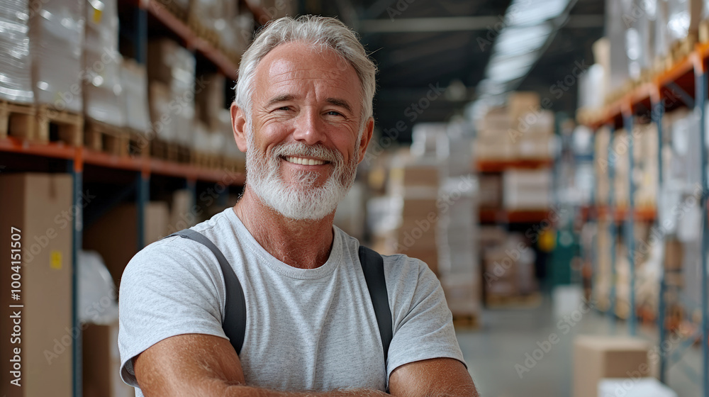 Fototapeta premium smiling middle aged man stands confidently in warehouse filled with boxes and shelves. His cheerful demeanor reflects positive work environment