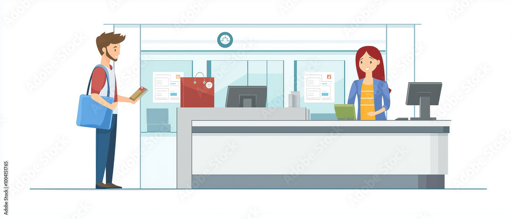 A customer interacts with a cashier at a service counter, showcasing a friendly retail environment with products and a cheerful atmosphere. A customer interacts with a cashier at a service counter, showcasing a friendly retail environment with products and a cheerful atmosphere.