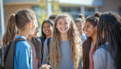 Group of diverse high school students smiling and talking together outside school building