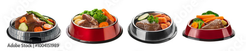 Assorted pet food bowls filled with fresh ingredients, white isolate background.
