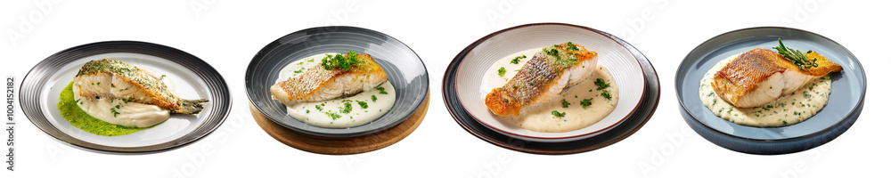 Gourmet fish dishes presented on elegant plates. Gourmet fish dishes presented on elegant plates.