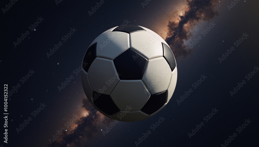 Naklejka premium Floating soccer ball against starry backdrop Space
