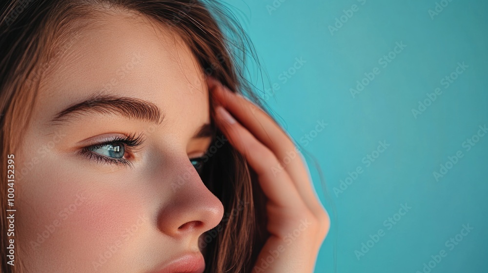 A girl caressing her hair in closeup on a blue background, symbolizing hair loss A girl caressing her hair in closeup on a blue background, symbolizing hair loss