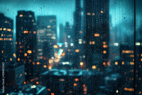 Wallpaper Mural A rainy night in the city, a view from behind an office window with lights reflecting on the glass, blurry skyscrapers outside. Torontodigital.ca
