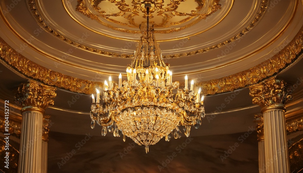 Obraz premium A luxurious gold chandelier hanging from an ornate ceiling, opulent lighting