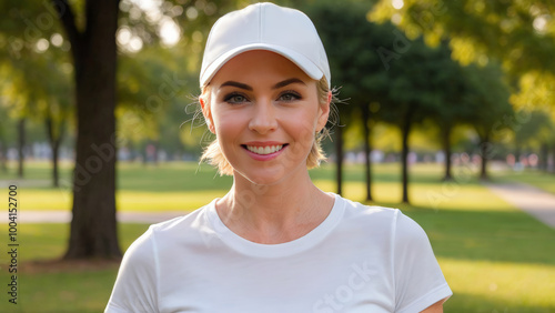 Woman with short hair wearing white t-shirt and white baseball cap standing in the park