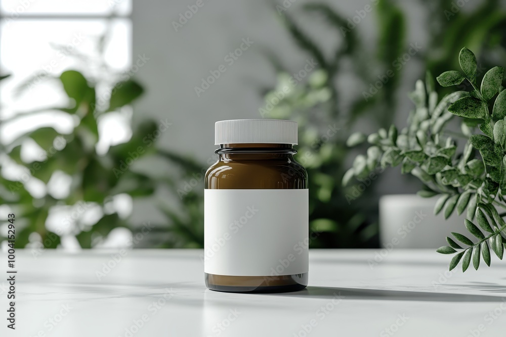 A brown glass bottle with a blank label stands on a white surface, surrounded by lush green plants, This image is perfect for healthcare, wellness, and product packaging concepts, A brown glass bottle with a blank label stands on a white surface, surrounded by lush green plants, This image is perfect for healthcare, wellness, and product packaging concepts,