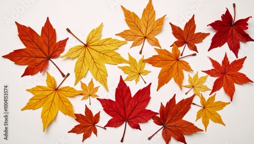 A falling leaf silhouette made from autumnal maple foliage with vibrant colors photo