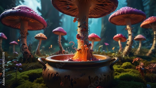 A cauldron surrounded by glowing mushrooms in a forest. photo