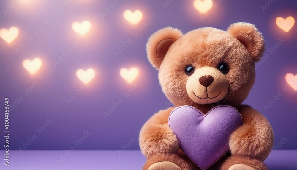 Adorable Plush Teddy Bear Holding a Lavender Heart Cushion Against a Soft Purple Background, Symbolizing Love and Affection with Gentle Bokeh Hearts Floating in the Background. Valentine's Day Couple Adorable Plush Teddy Bear Holding a Lavender Heart Cushion Against a Soft Purple Background, Symbolizing Love and Affection with Gentle Bokeh Hearts Floating in the Background. Valentine's Day Couple