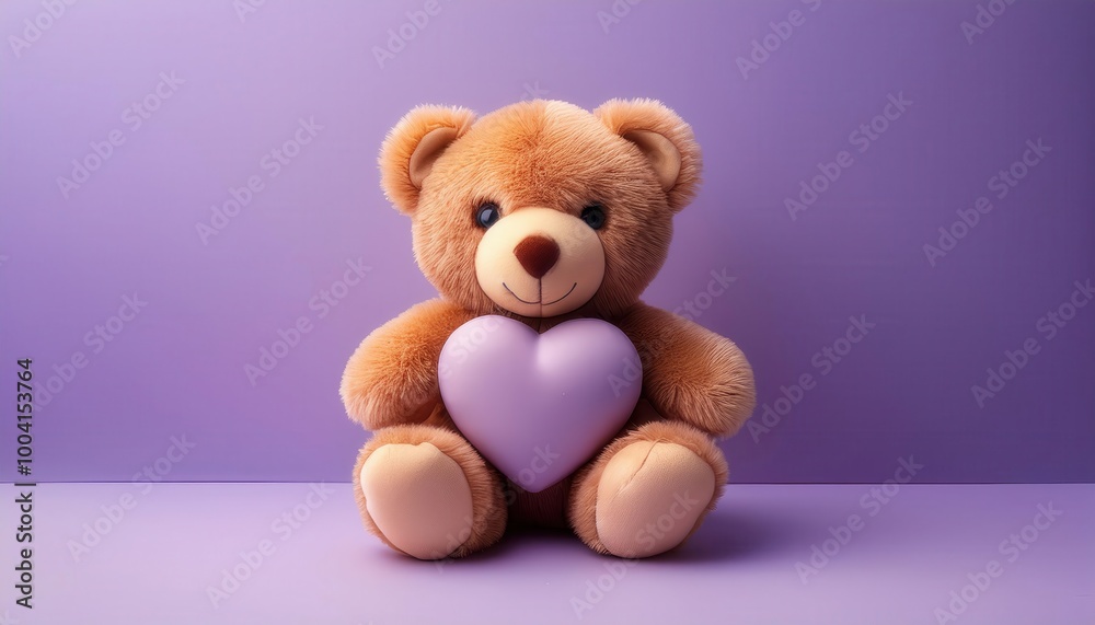 Adorable Plush Teddy Bear Holding a Lavender Heart Cushion Against a Soft Purple Background, Symbolizing Love and Affection with Gentle Bokeh Hearts Floating in the Background. Valentine's Day Couple Adorable Plush Teddy Bear Holding a Lavender Heart Cushion Against a Soft Purple Background, Symbolizing Love and Affection with Gentle Bokeh Hearts Floating in the Background. Valentine's Day Couple