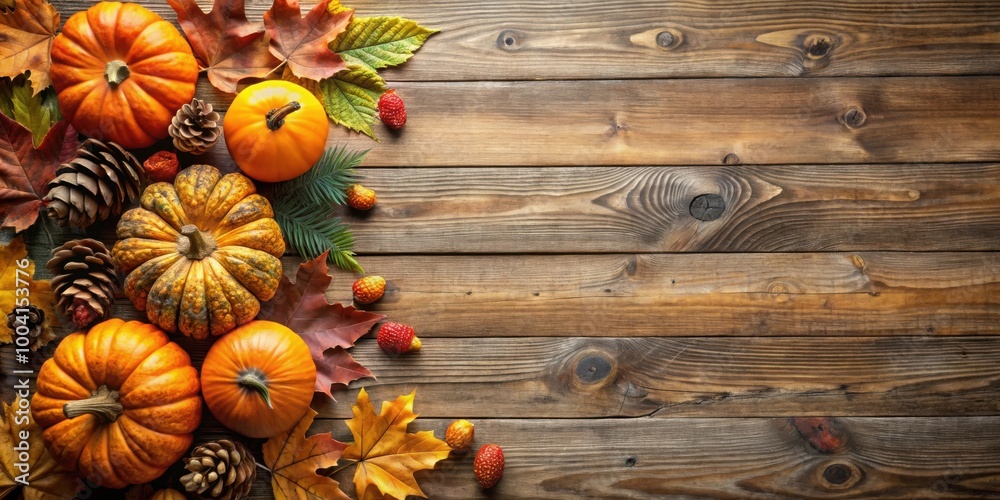 Autumn harvest corner border with pumpkins, leaves, pine cones on rustic wood background Autumn harvest corner border with pumpkins, leaves, pine cones on rustic wood background