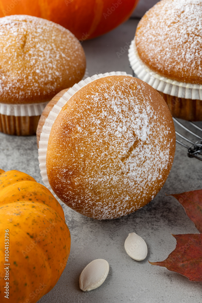Fresh baked pumpkin cinnamon whole muffin icing sugar powder closeup Fresh baked pumpkin cinnamon whole muffin icing sugar powder closeup