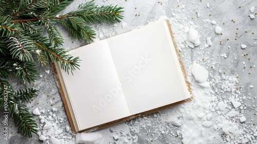 Openned empty book and Christmas tree branch photo