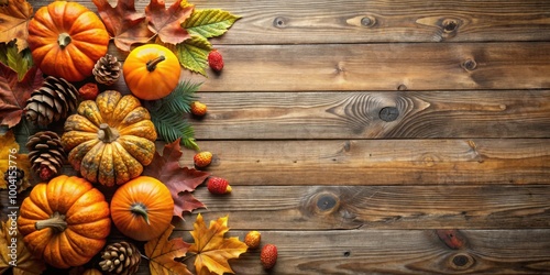 Autumn harvest corner border with pumpkins, leaves, pine cones on rustic wood background