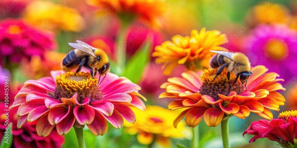 Close-up of bumblebees pollinating colorful flowers in vibrant garden setting Close-up of bumblebees pollinating colorful flowers in vibrant garden setting