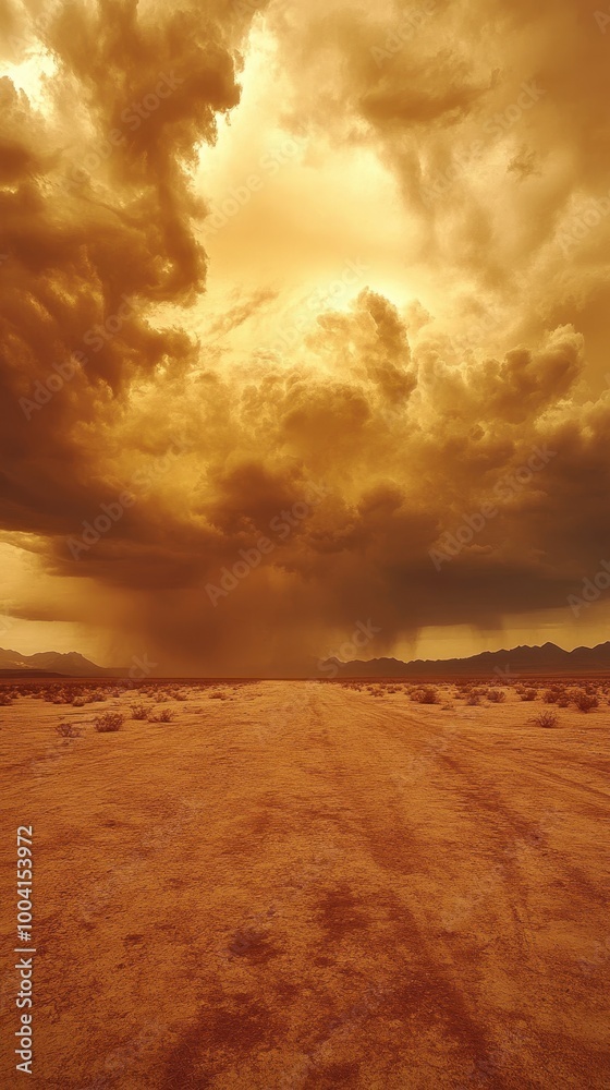 A dramatic, dusty landscape under an intense orange sky filled with ominous clouds, This image can be used for themes of desolation, weather phenomena, or to evoke feelings of awe and power in nature A dramatic, dusty landscape under an intense orange sky filled with ominous clouds, This image can be used for themes of desolation, weather phenomena, or to evoke feelings of awe and power in nature