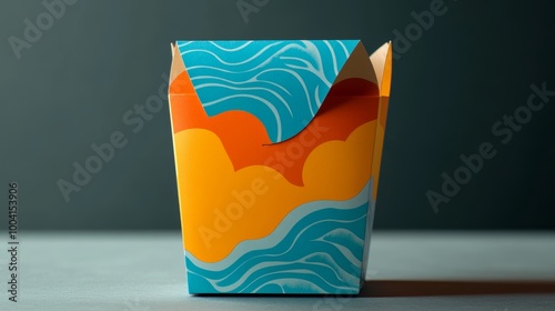 Colorful Takeout Container with Blue and Orange Design. photo