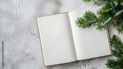 Openned empty book and Christmas tree branch photo