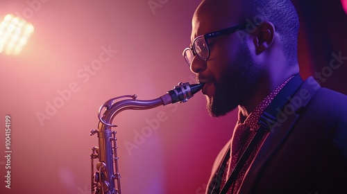 A saxophonist performs on stage with a pink spotlight.