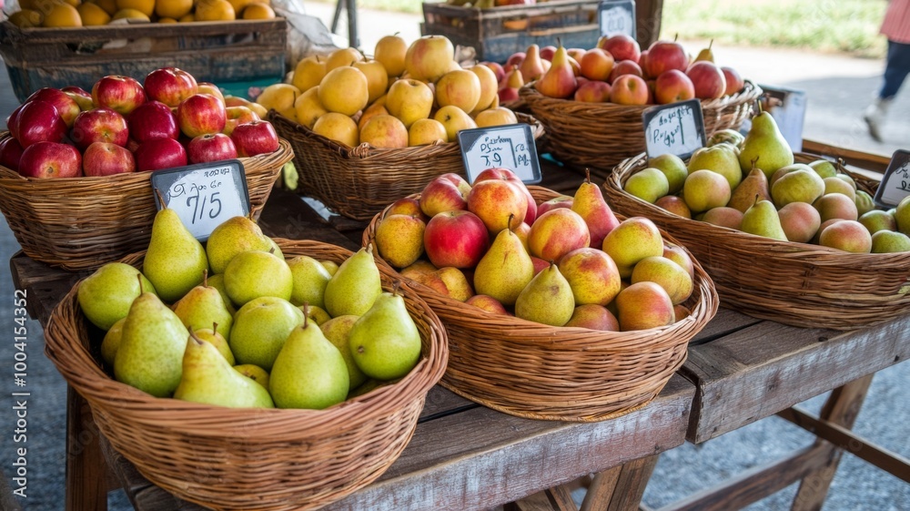 Fresh Fruit Displayed in Wicker Baskets on a Wooden Table Fresh Fruit Displayed in Wicker Baskets on a Wooden Table