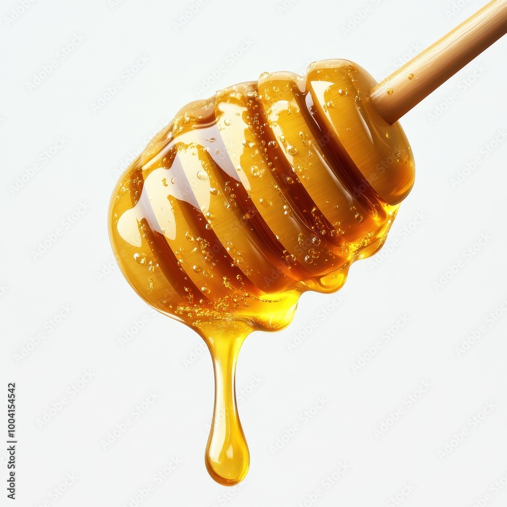 A close-up of a honey dipper dripping golden, viscous honey, ideal for food blogs, health articles, or natural product advertisements showcasing sweetness and organic ingredients,