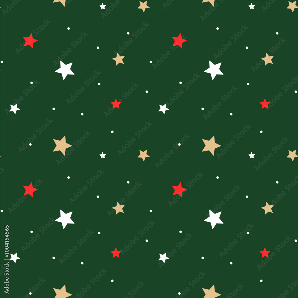 Seamless star festive pattern with red, gold and white stars on a green background. EPS10 Seamless star festive pattern with red, gold and white stars on a green background. EPS10