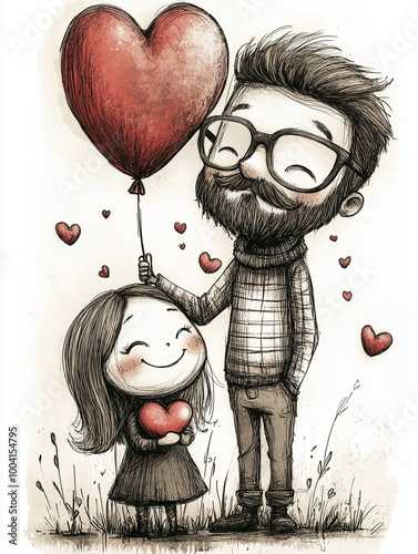 Fathers Day card with watercolor illustration. Father's Day template. Father and daughter with balloons and hearts
