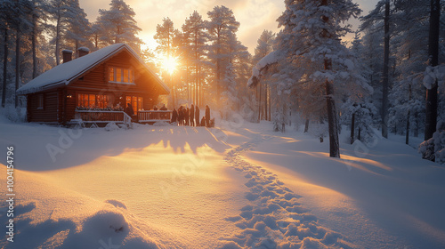 Cozy Wooden Cabin in Snowy Landscape at Sunset With People Enjoying the Winter Scenery