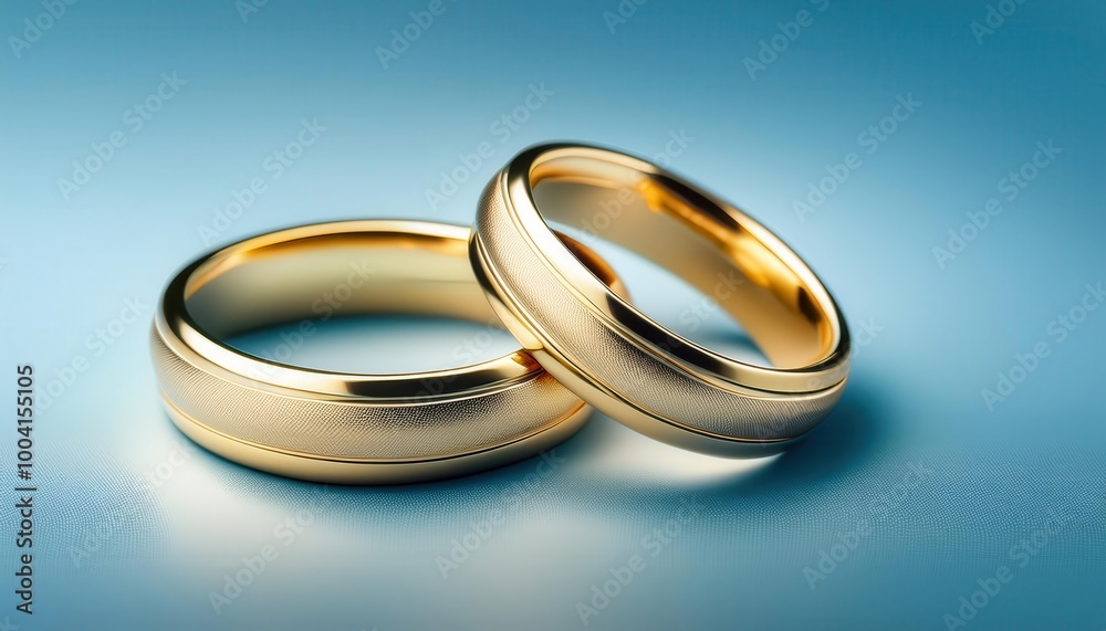 Close-Up of Two Interlocking Gold Wedding Bands on a Smooth Blue Background, Symbolizing Eternal Love, Unity, and Commitment in a Modern, Minimalist Setting with Soft Lighting. Valentine's Day Couple Close-Up of Two Interlocking Gold Wedding Bands on a Smooth Blue Background, Symbolizing Eternal Love, Unity, and Commitment in a Modern, Minimalist Setting with Soft Lighting. Valentine's Day Couple