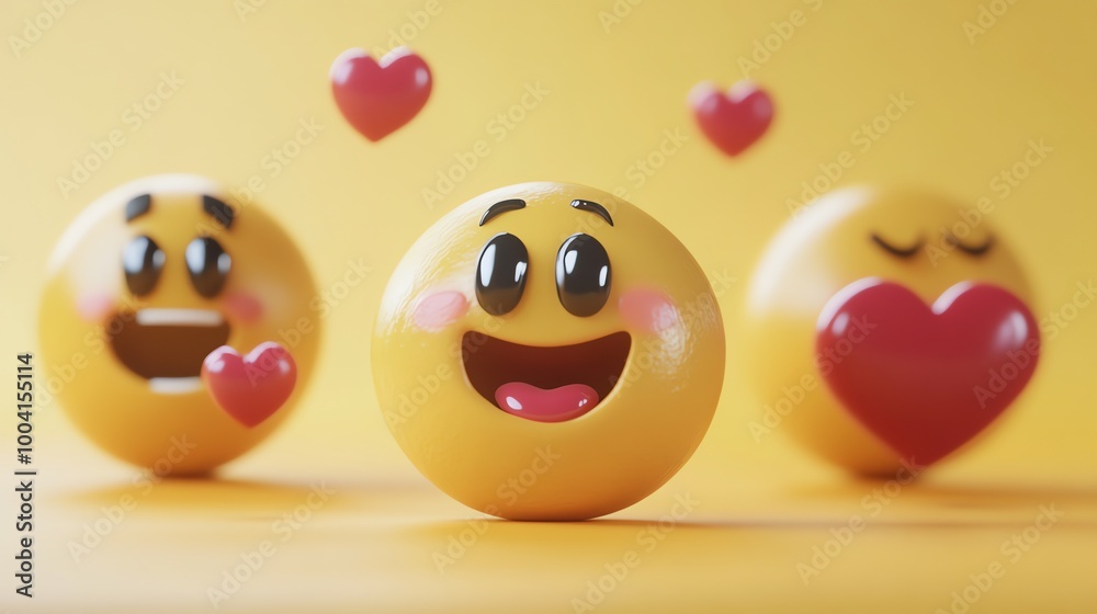 Three emojis, each with a different expression, surrounded by hearts.