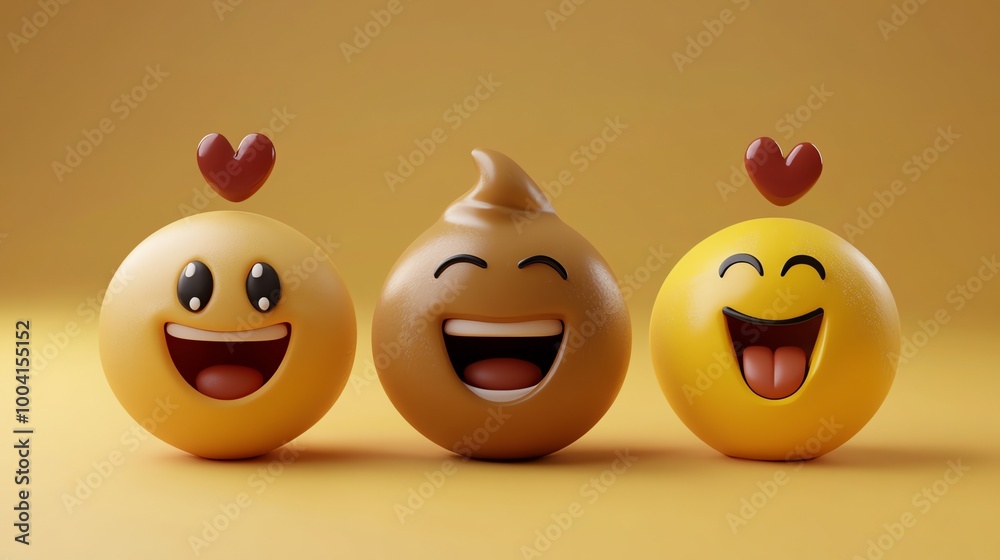 Three emojis, each with a different expression, surrounded by hearts. Three emojis, each with a different expression, surrounded by hearts.