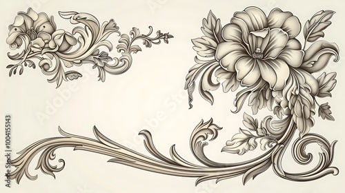 Art Nouveau decorative elements and frames, featuring flowing, organic lines and intricate details. The elements are displayed on a light background, showcasing their elegance and suitability  photo