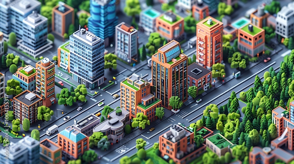 Fototapeta premium An isometric city builder kit with modular urban elements, allowing users to create detailed cityscapes. The kit includes buildings, roads, and parks, all presented in a clean, isometric grid, 