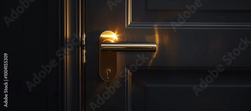 To the right of an open black wooden double door is a gold door handle. photo