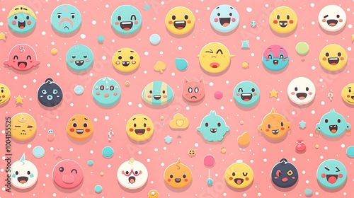 An emoji design set featuring expressive faces and symbols, perfect for use in messaging apps and digital communication. The emojis are displayed in a grid format, each with a clear and playful 