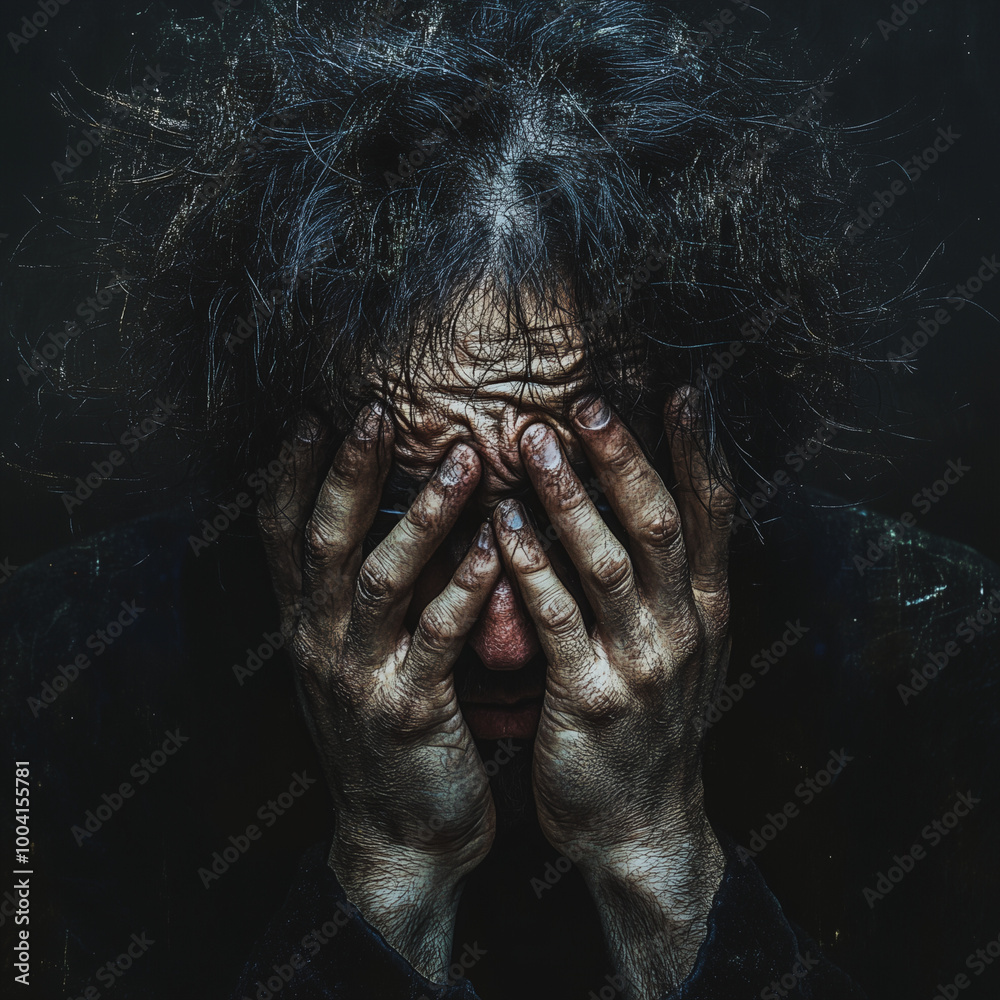 A man with a beard and messy hair is crying. He is wearing a black shirt and has his hands on his face
