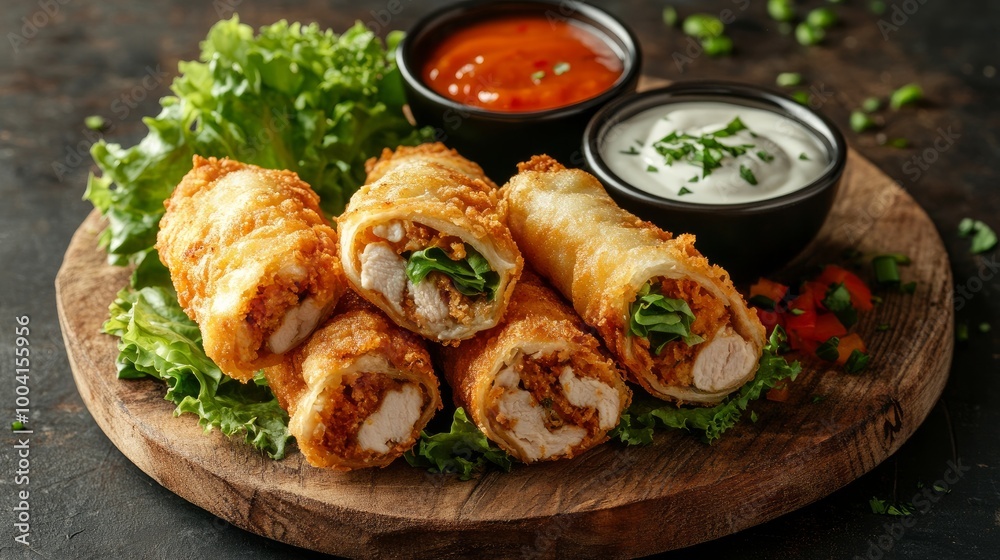 On a circular wooden plank, fried chicken crispy tortilla rolls with lettuce garnish are served with dips and sauces. On a circular wooden plank, fried chicken crispy tortilla rolls with lettuce garnish are served with dips and sauces.