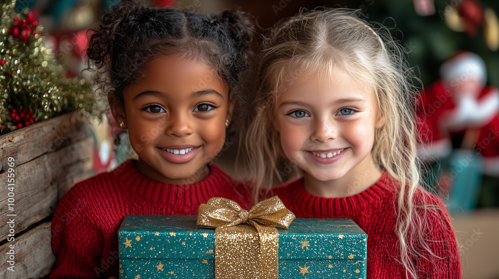 Two adorable little girls of different ethnicity wearing holiday sweaters, smiling for the camera and holding a wrapped present. Two adorable little girls of different ethnicity wearing holiday sweaters, smiling for the camera and holding a wrapped present.