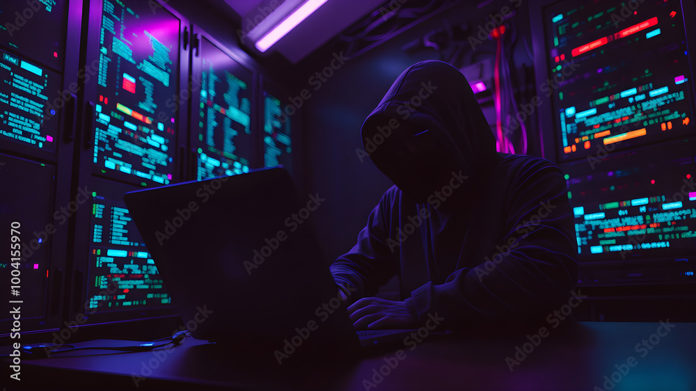 Obraz premium Coding, overlay and hacker on laptop in dark for programming, malware and information technology. Cybersecurity, user interface and person with computer for online crime, fraud and website virus