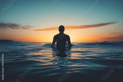 A surfer waits for a wave at sunset, silhouetted against the golden sky.