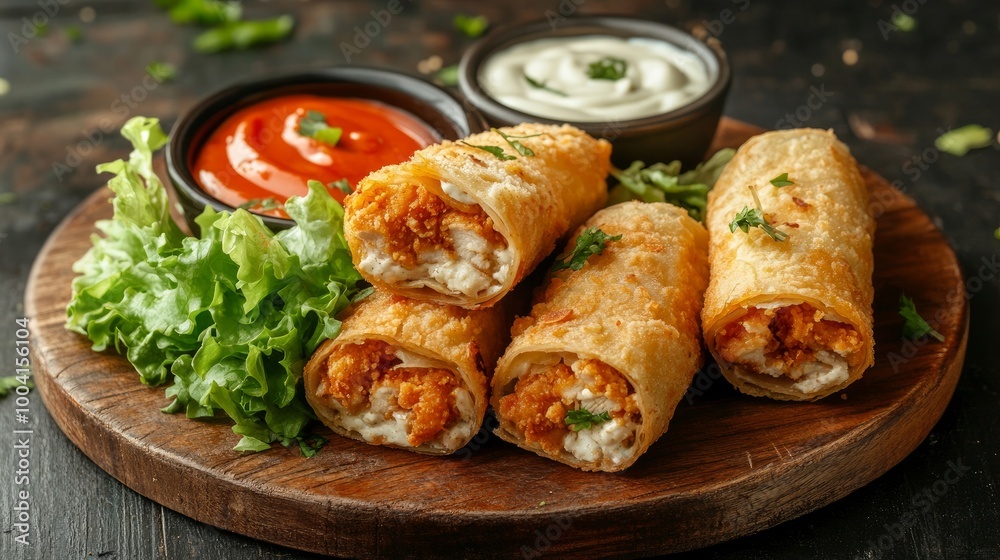 On a circular wooden plank, fried chicken crispy tortilla rolls with lettuce garnish are served with dips and sauces. On a circular wooden plank, fried chicken crispy tortilla rolls with lettuce garnish are served with dips and sauces.