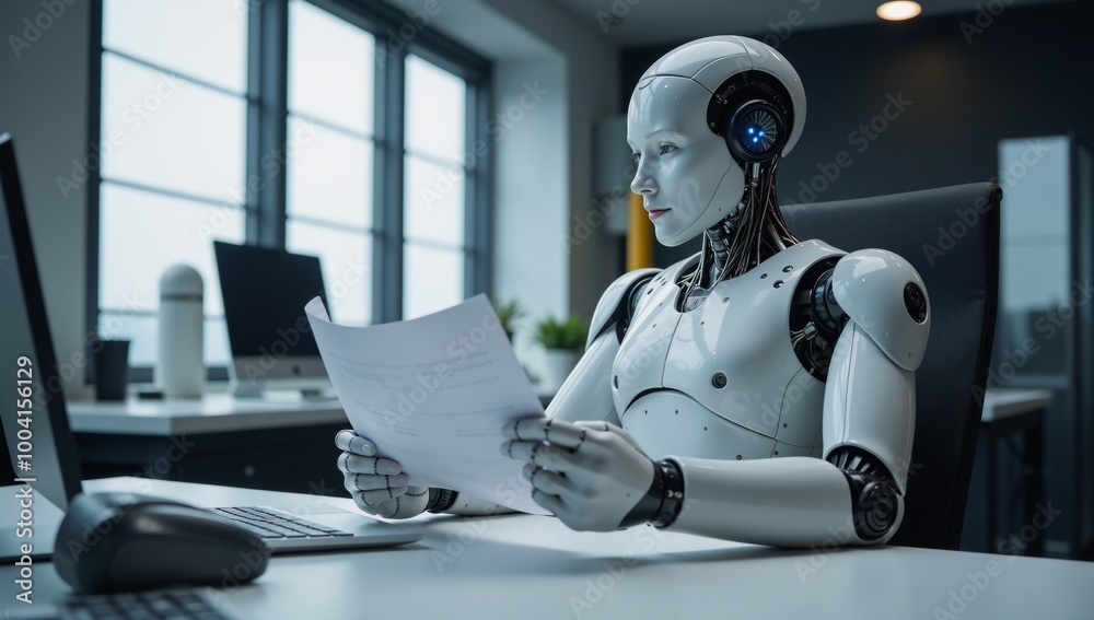 Futuristic AI robot reading documents inside modern workspace surrounded by advanced technology photograph