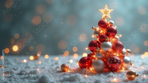 
beautiful New Year and Christmas tree lined with Christmas balls against a background of blurry lights