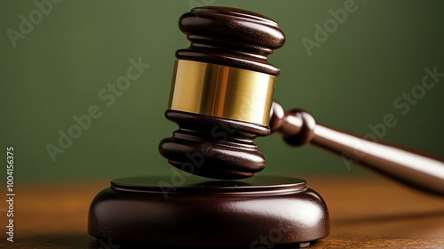 A wooden gavel with a gold band, on a wooden surface.