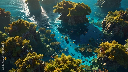 Vibrant underwater scene with coral reefs and fish. photo