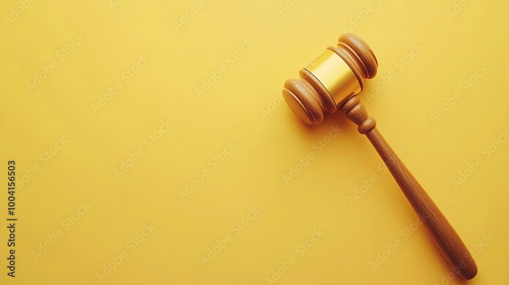 A wooden gavel with a gold band, on a yellow background. A wooden gavel with a gold band, on a yellow background.