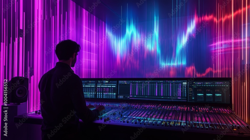 Music Production Studio with Neon Lights.