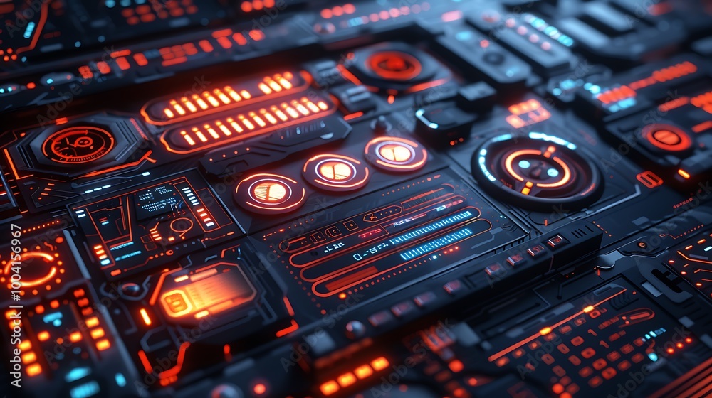 A 3D render of futuristic user interface elements, featuring sleek, high-tech designs with glowing accents. The elements are displayed on a dark background, perfect for use in sci-fi and technology-th A 3D render of futuristic user interface elements, featuring sleek, high-tech designs with glowing accents. The elements are displayed on a dark background, perfect for use in sci-fi and technology-th